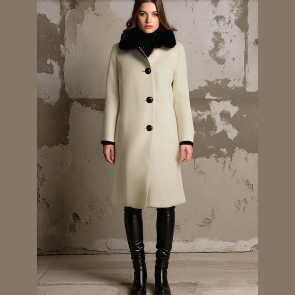 Cashmere Wool Blend Off-White Black Faux Fur Collar Long Coat - Picture 1 of 16